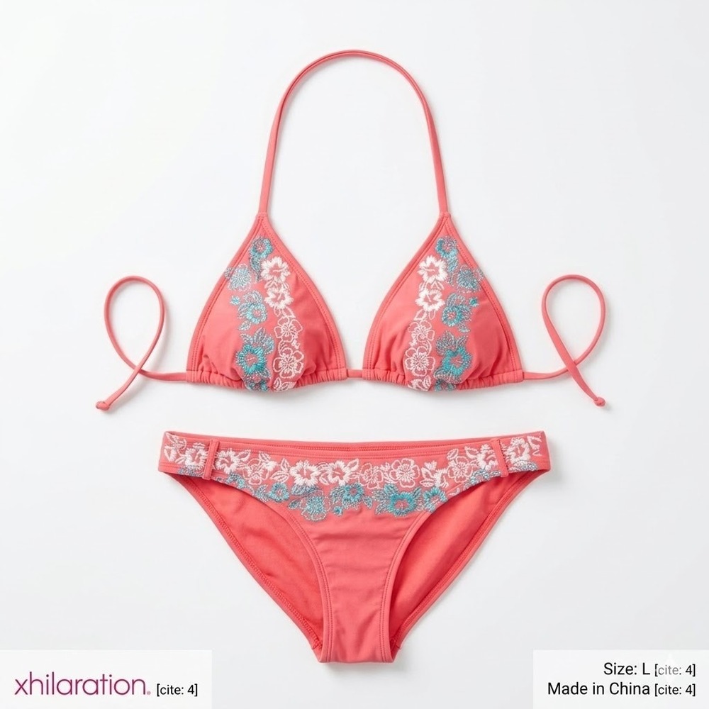 Xhilaration Coral Pink Floral Embroidered Triangle Bikini Set Two Piece Size L